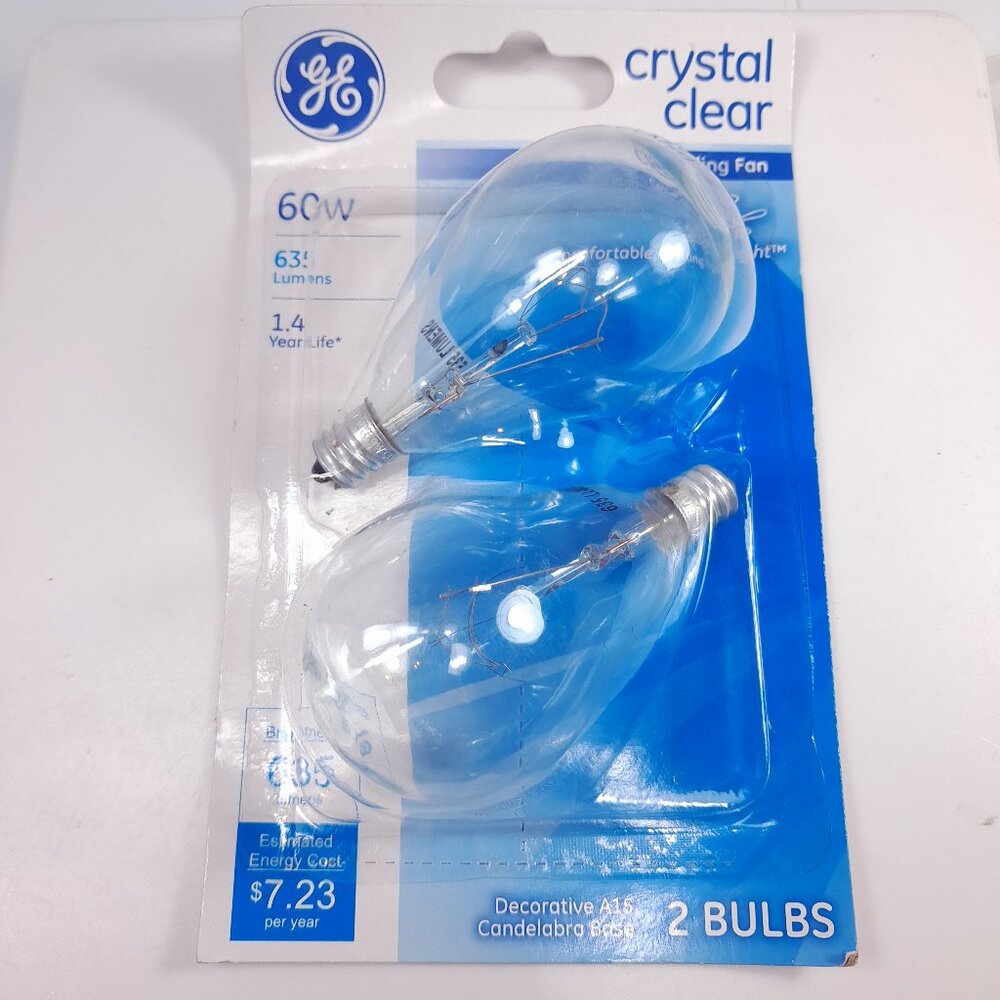 NEW GE‎ Crystal Clear 60w Decorative A15 Candelabra base Ceiling fan 2 Bulbs